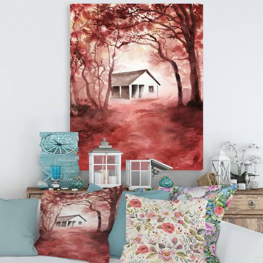 Designart - House In Red Autumn Woods - Cabin & Lodge Canvas Wall Art Print